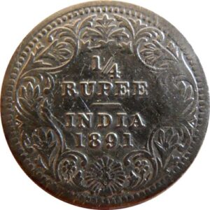 1891 1/4 Quarter Rupee Queen Victoria Empress Calcutta Mint