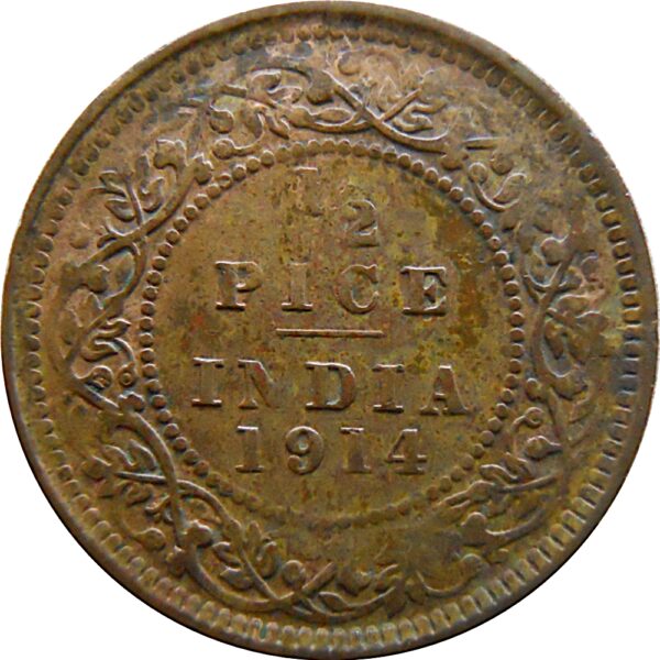 1914 1/2 Half Pice George V King Emperor Calcutta Mint