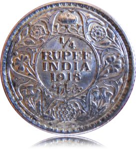 1918 1/4 Quarter Rupee George V King Emperor Calcutta Mint