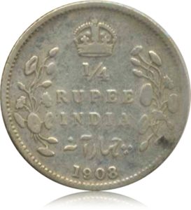 1908 1/4 Quarter Rupee Edward VII King Emperor - Calcutta Mint - RARE