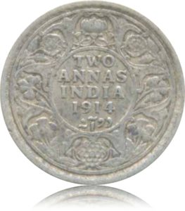 1914 2 Two Annas George V King Emperor - Calcutta Mint - RARE