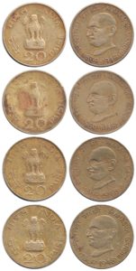 1969 20 Paise Republic India Mahatma Gandhi Bombay Mint UGET - 4 Coins