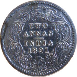 1891 2 Annas Queen Victoria Empress Silver Coin Calcutta Mint - RARE