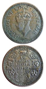1942 1943 1/4 Quarter Rupee King George VI Calcutta Mint