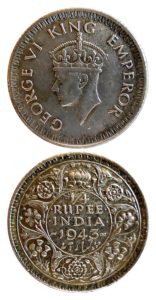 1942 1943 1/4 Quarter Rupee King George VI Calcutta Mint