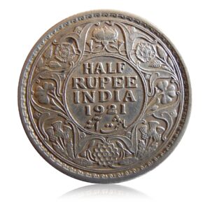British India 1921 Half Rupee Silver Coin King George V Calcutta Mint