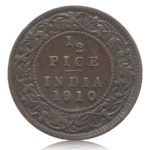 1910 1/2 Half Pice Coin British India King George V Calcutta Mint