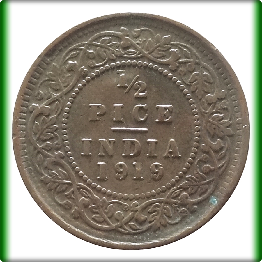 1919 1/2 Half Pice Coin British India King George V Calcutta Mint