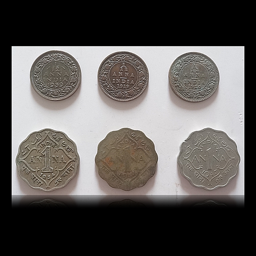 1919 1920 1939 1/12 Twelve Anna 1934 1941 1947 1 Anna Coin king - 6 Coins