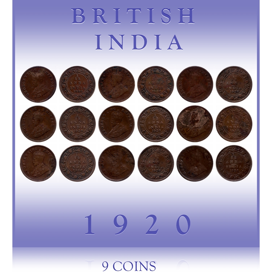 1920 1/12 Twelve Anna British India King George V - 9 Coins