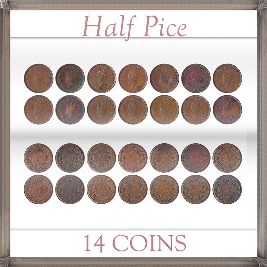 1939 1/2 Half Pice Coin King George VI Calcutta & Bombay Mint - 14 Coins