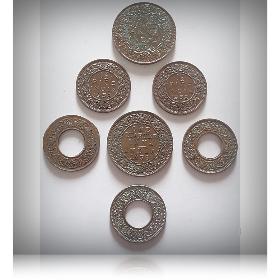 1939 1/2 Pice 1945 1 Pice 1936 1939 1/4 Anna Coins - 7 Coins