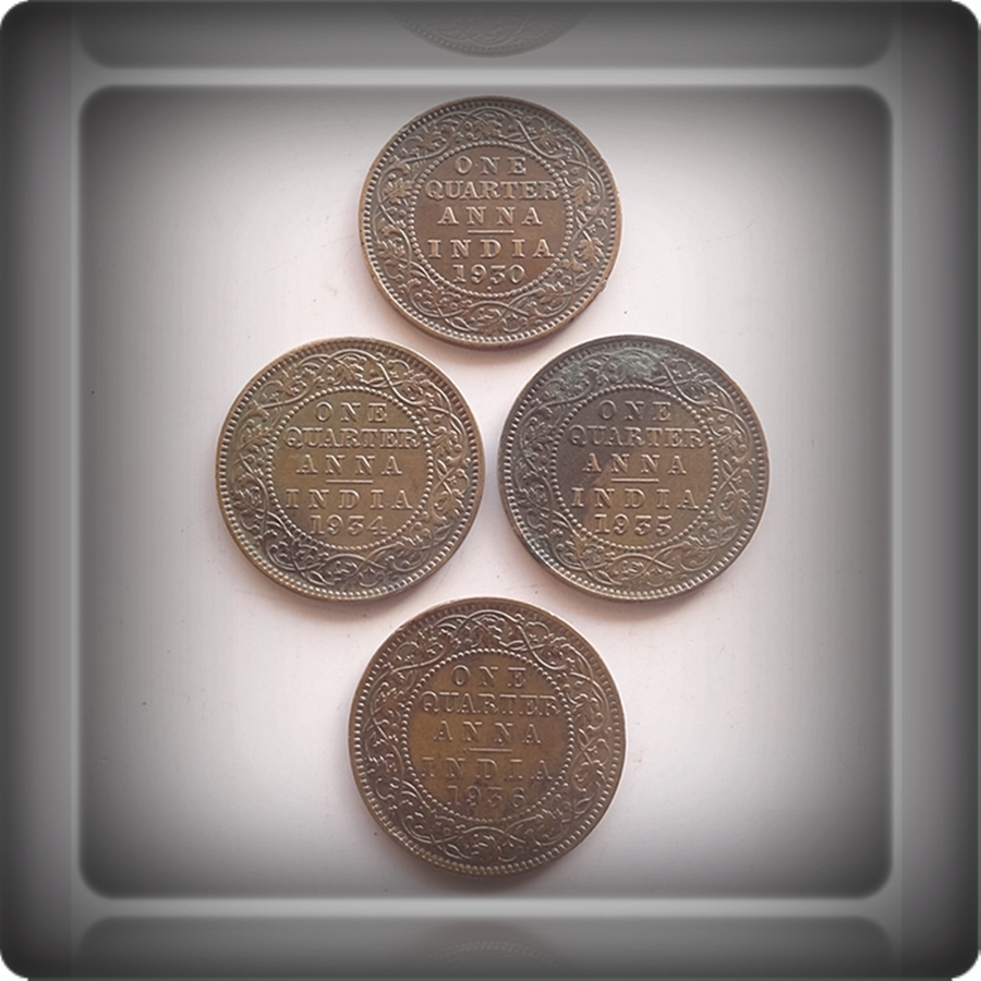 1930 1934 1935 1936 1/4 Quarter Anna British India King George V Bombay & Calcutta Mint - 4 Coins