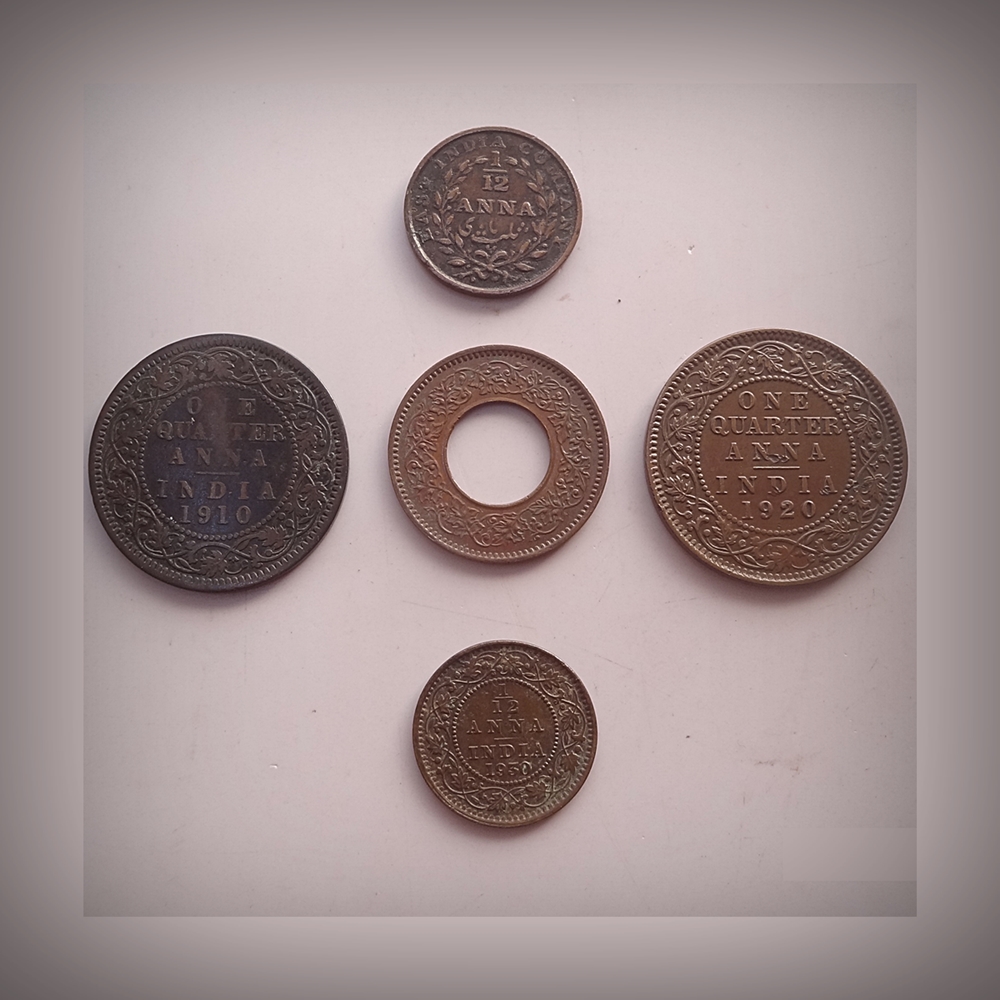 1835 1930 1/12 Anna 1944 1 Pice Hole Coin 1910 1920 1/4 Anna East India King Edward George V & VI - 5 Coins