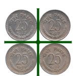 1977 25 Paise Republic India Copper Nickel Coin Hyderabad Mint - 4 Coins