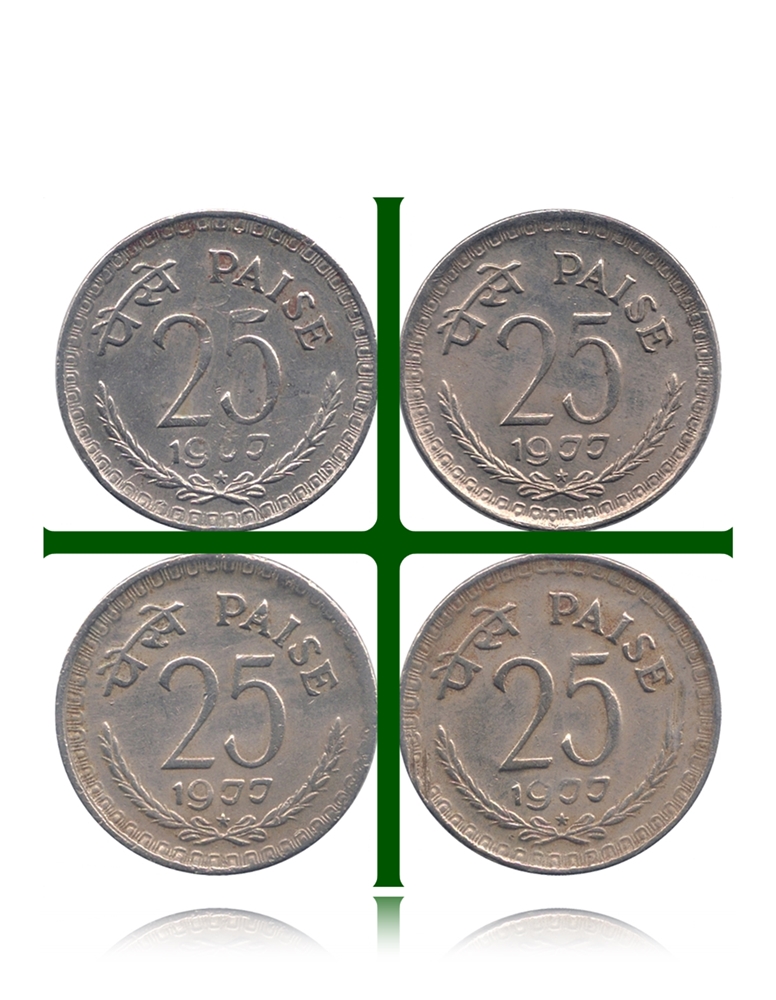 1977 25 Paise Republic India Copper Nickel Coin Hyderabad Mint - 4 Coins