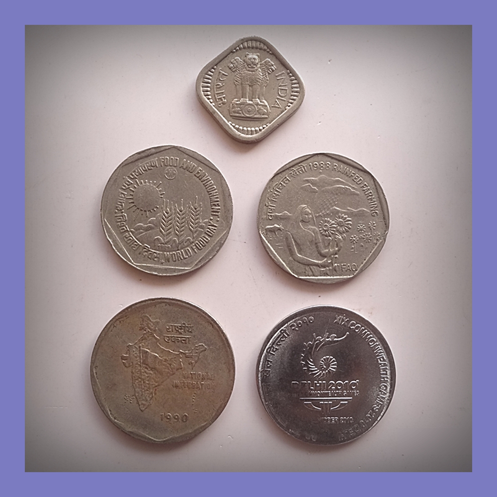 1961 5 Paisa 1988 1990 1 Rupee F.A.O Series & 1982 2 Rupee Coin - 5 Coins