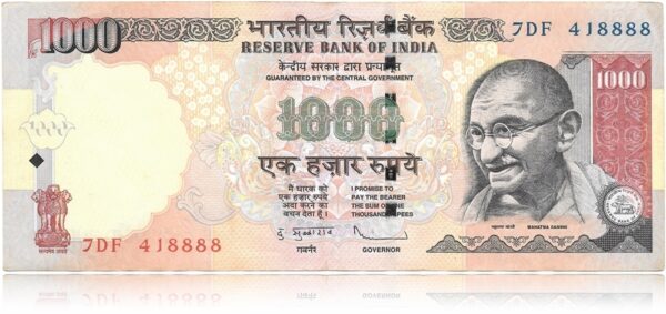 2011 Old 1000 Rupee Note with tripple Fancy Ending number sig by D Subbarao (O)