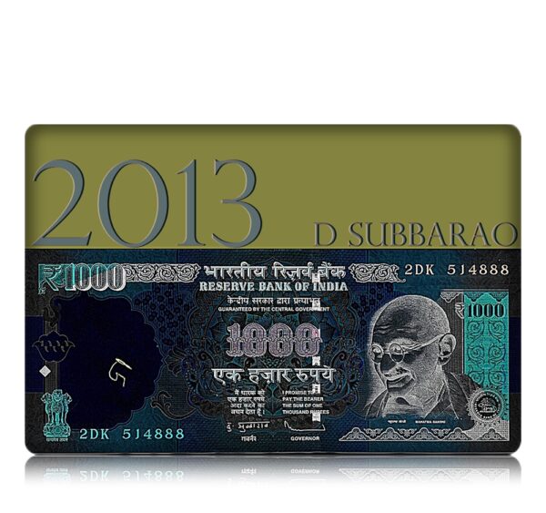 2013 1000 Rupee with fancy ending number Sign by D Subbarao J-- 2DK 514888