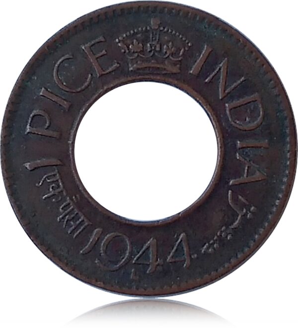 1944 1 Pice British India Hole Coin King George VI  Lahore Mint with Extra Metal - Rare - Image 3