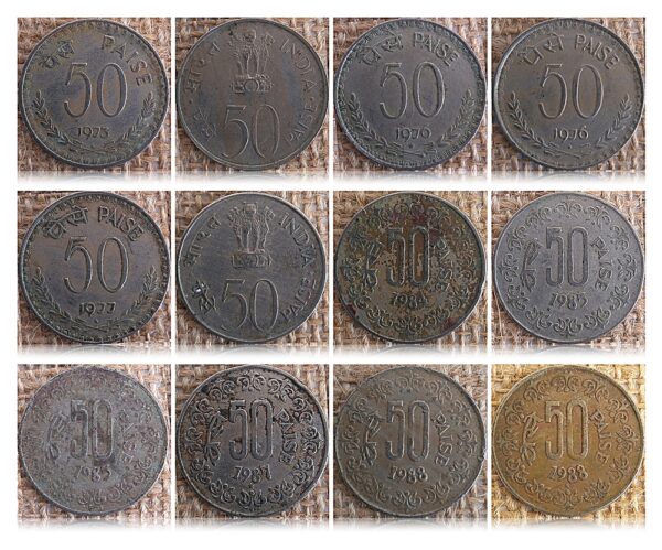50 paise -1973 1976 1977 1982 1984 1985 1987 1988 Republic India Set of 12 Coins Worth Collecting - Image 2