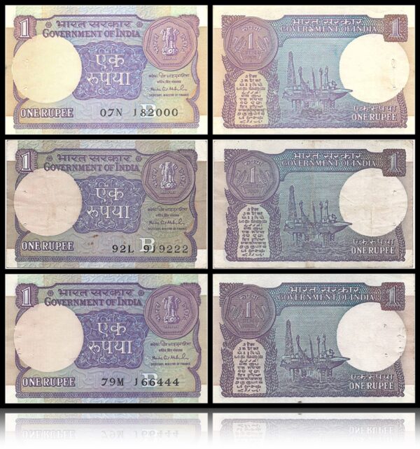 A56 A57 A58 1 Rupee UNC Notes Sig by Montek Singh Ahluwalia 1991 & 1992 3 nos with fancy ending number - Hard to Get Best buy - Image 2