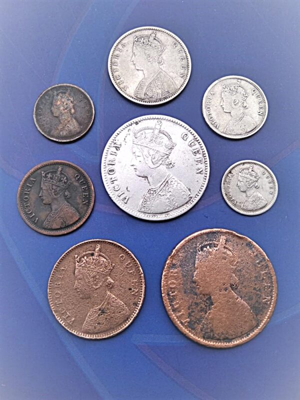 1862 1/12 Anna 1/2 Pice 1/4 Anna 1/2 Anna 2 Annas 1/4 Rupee 1/2 Rupee 1 Rupee 8 COINS RANI BRITISH INDIA - Image 2