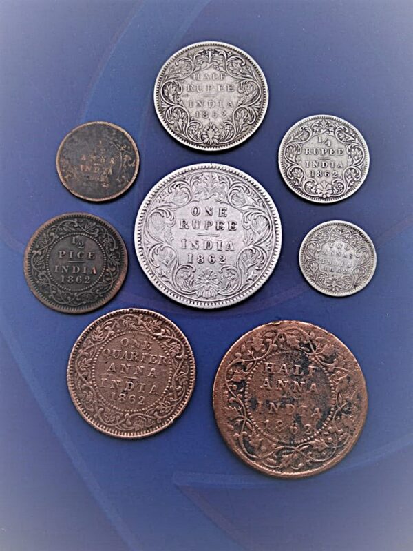 1862 1/12 Anna 1/2 Pice 1/4 Anna 1/2 Anna 2 Annas 1/4 Rupee 1/2 Rupee 1 Rupee 8 COINS RANI BRITISH INDIA - Image 3