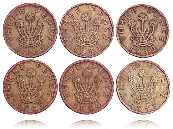 1940-1945 United Kingdom UK King George VI 3 pence 6 consecutive years Extremely rare collection - Image 3