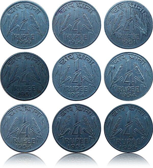 1950 1951 1954 1955 1956 Republic India - Char Anna - Quarter Rupee 9 coins set - Best buy - Worth on time Collection - Image 3