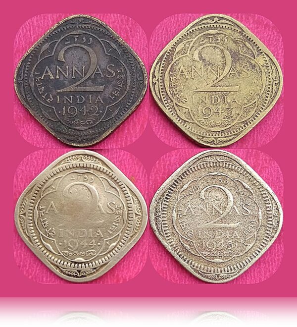 2 Annas 1942 1943 1944 1945 British India King George VI Brass Rare Coins 4 nos - Image 3