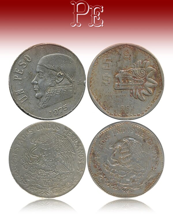 1975 & 1981 Peso coins of Estados Unidos Mexicanos 5 & UN Peso Coins