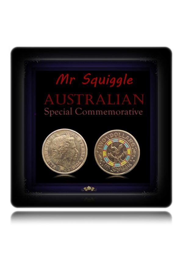 The Australian 2 coin is a special commemorative release depicts the television series main character "Mr Squiggle" in a coloured blue, red & yellow ring.