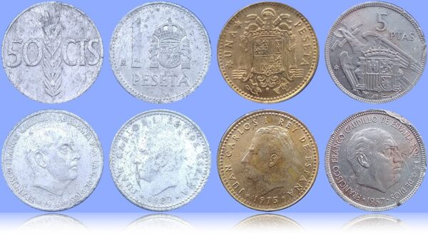 Extremely rare collection SPAIN 50 centimos, 1 peseta ( both Alluminium coins), UNA ( 2.5 pesetas) and 5 pesatas set of 4 coins - Image 2