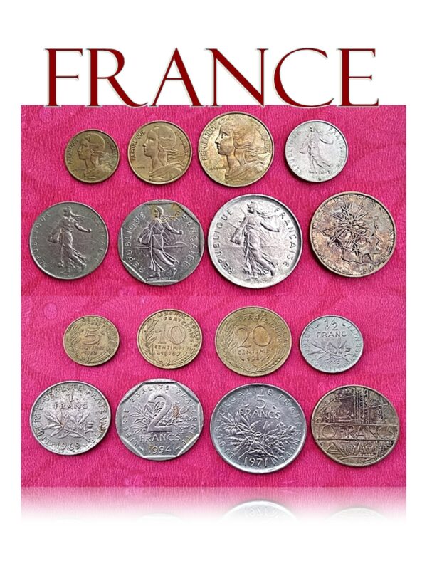 France full set of coins 5,10,20 centimes 1/2, 1, 2, 5 10 francs 8 set very hard collection..