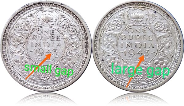 1943 silver 1 rupee two different types of coins..small gap and large gap between numeric 4 and 3.. collector's delight for greàt collection.. extremely rare combo set - Image 4