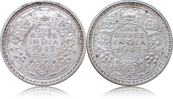 1943 silver 1 rupee two different types of coins..small gap and large gap between numeric 4 and 3.. collector's delight for greàt collection.. extremely rare combo set - Image 2