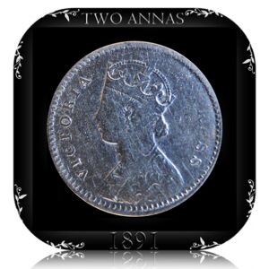 1891 2 Two Annas Queen Victoria Empress Silver Coin Calcutta Mint