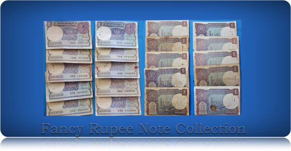 Unique collection of one rupee fancy numbers ending 100 ,200,300,400,500,600,700,800,900,and 000 total 10 notes