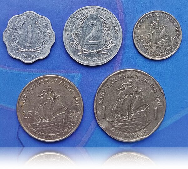 East Caribbean coins set of 5 coins.1,2,10,25 cents & 1 dollar Rare Collection