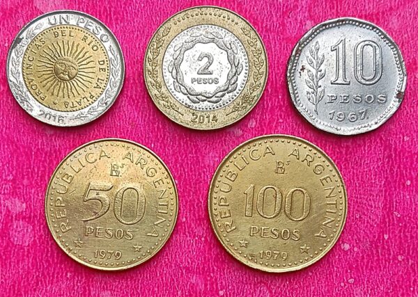 Argentina peso coins set 1,2,10,50,100 pesos